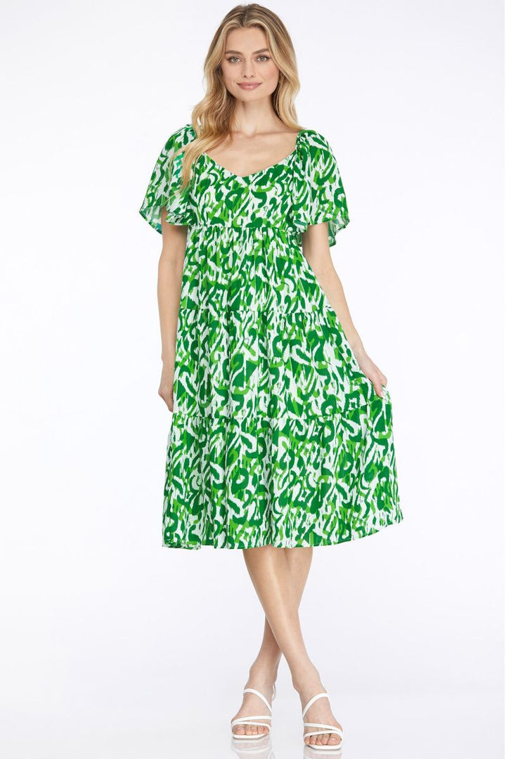 GREEN SWEETHART NECK TIERED BACK TIE DETAILD MIDI DRESS
