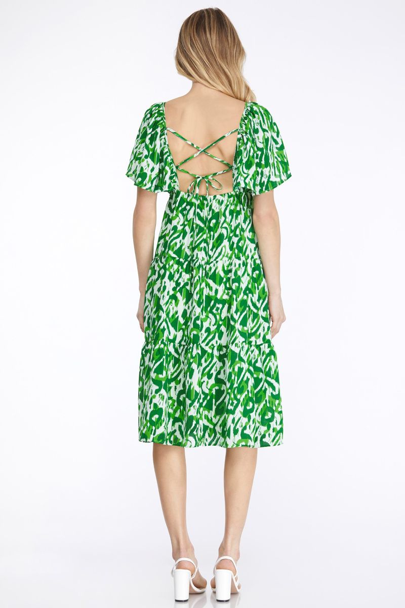 GREEN SWEETHART NECK TIERED BACK TIE DETAILD MIDI DRESS