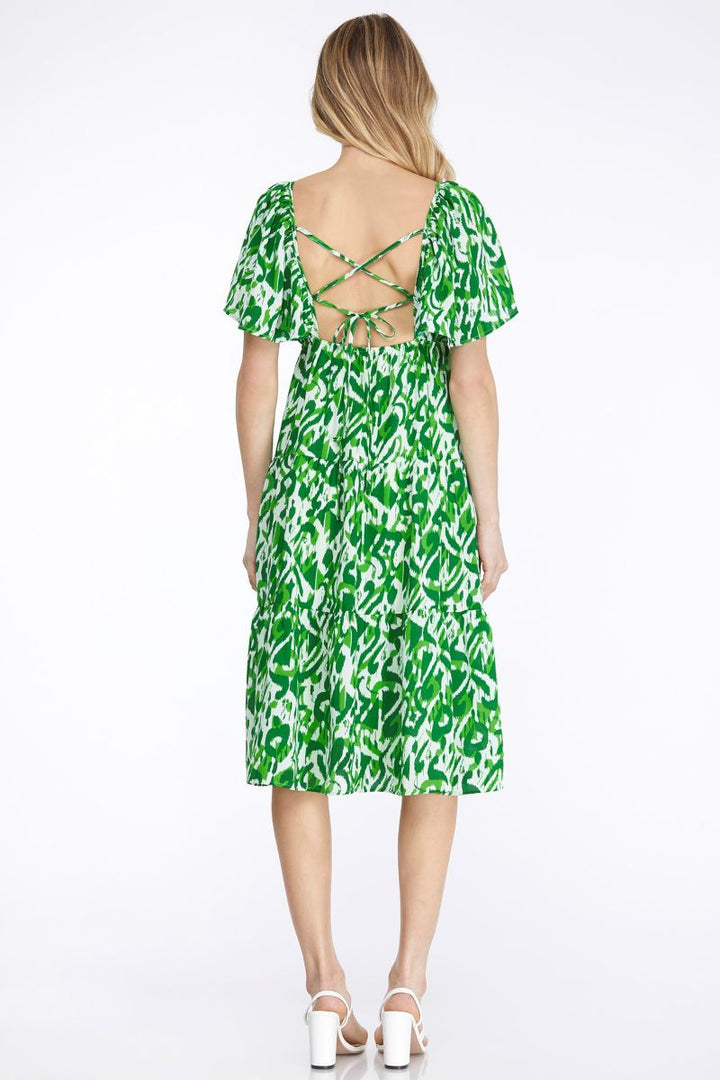 GREEN SWEETHART NECK TIERED BACK TIE DETAILD MIDI DRESS