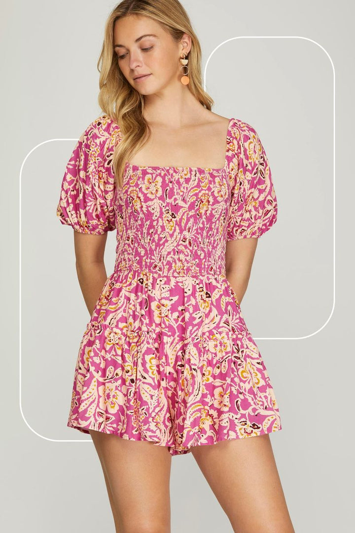 PINK SQUARE NECK SHORT SLEEVES SMOKED WOVEN ROMPER SKSY6378