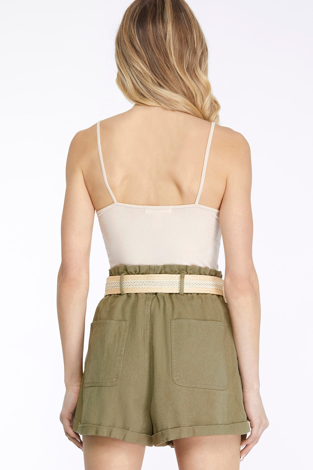 TWILL WOVEN PAPERBAG SHORTS WITH SIDE POCKETS AND BELT-SKSY6398