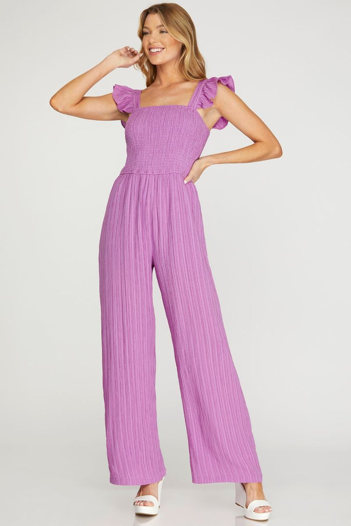 VIOLET RUFFLE SLEEVES SMOCKED WOVEN JUMPSUIT SKSY6494