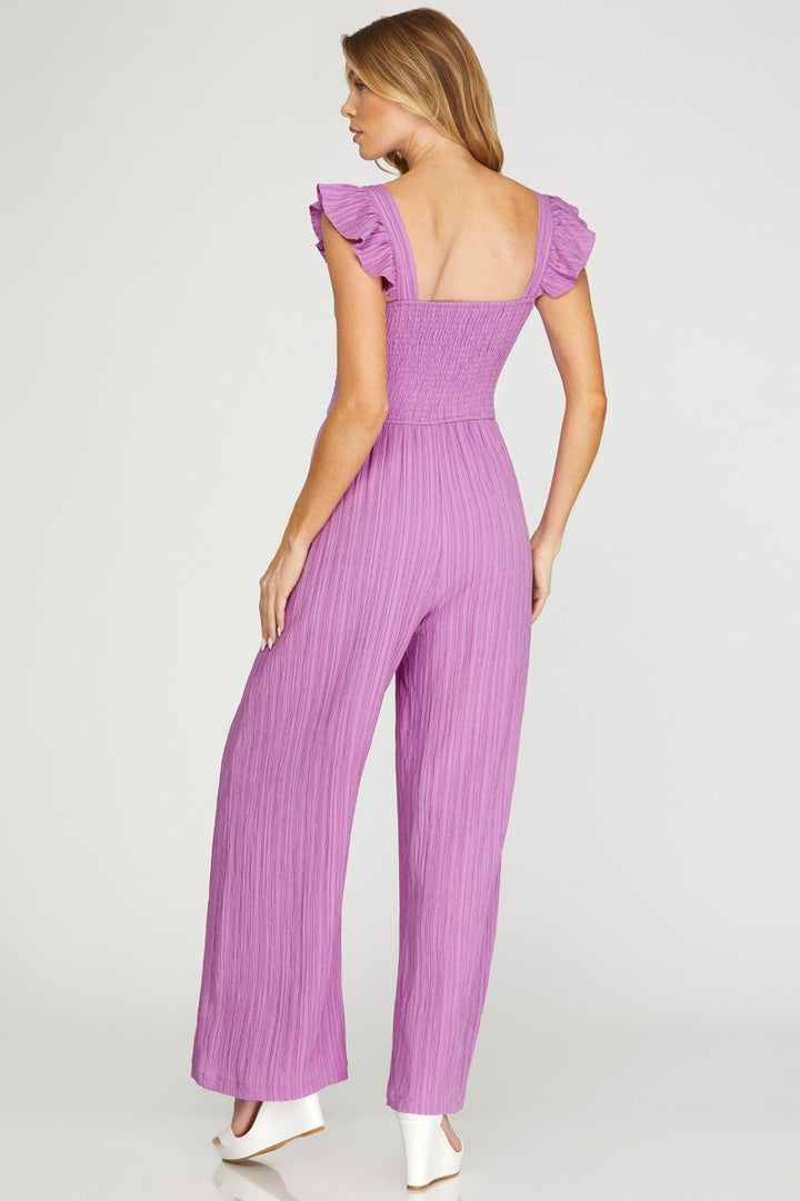 VIOLET RUFFLE SLEEVES SMOCKED WOVEN JUMPSUIT SKSY6494