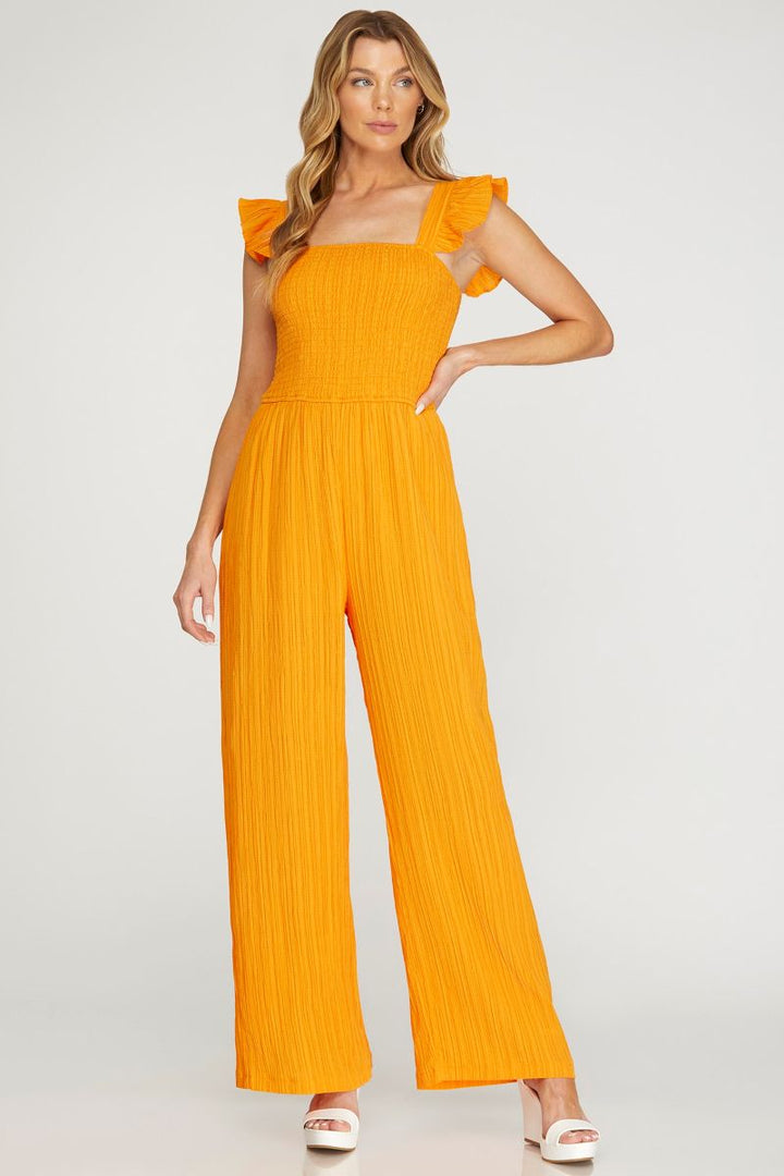 TANGERINE RUFFLE SLEEVES SMOCKED WOVEN JUMPSUIT SKSY6494