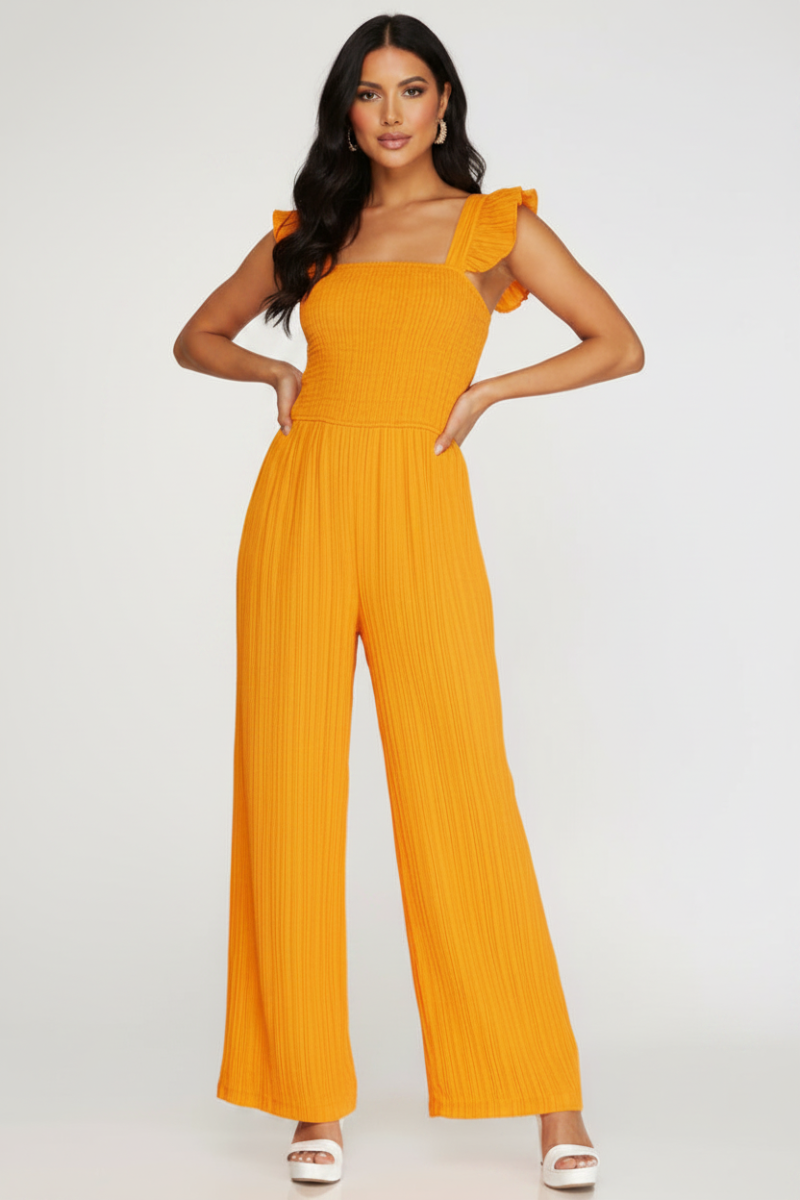 TANGERINE RUFFLE SLEEVES SMOCKED WOVEN JUMPSUIT SKSY6494