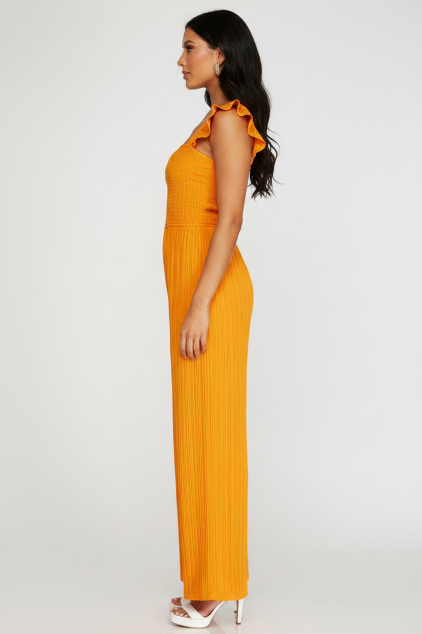 TANGERINE RUFFLE SLEEVES SMOCKED WOVEN JUMPSUIT SKSY6494