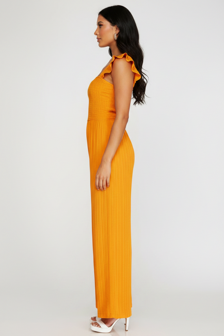TANGERINE RUFFLE SLEEVES SMOCKED WOVEN JUMPSUIT SKSY6494