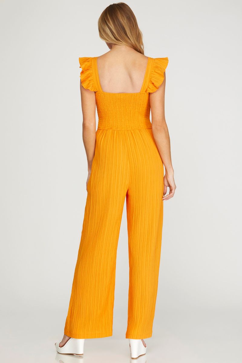 TANGERINE RUFFLE SLEEVES SMOCKED WOVEN JUMPSUIT SKSY6494