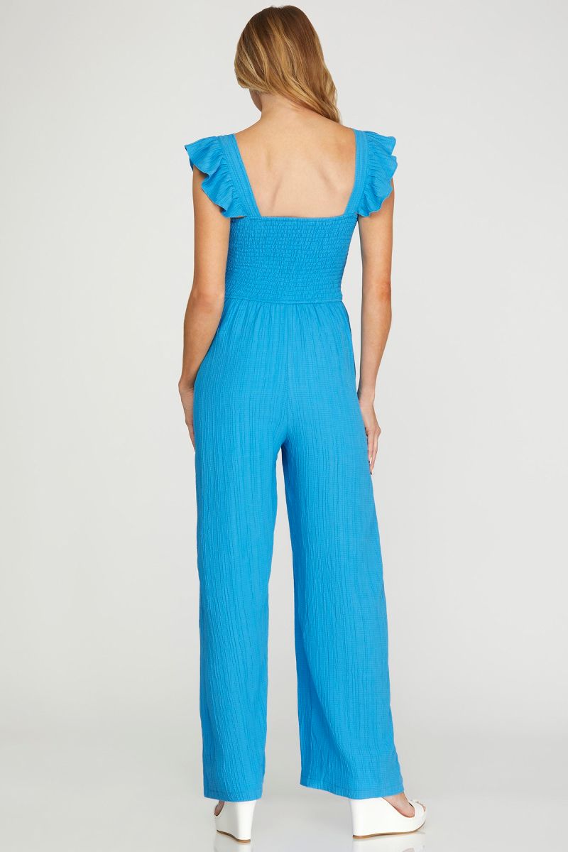 DIVA BLUE RUFFLE SLEEVES SMOCKED WOVEN JUMPSUIT SKSY6494