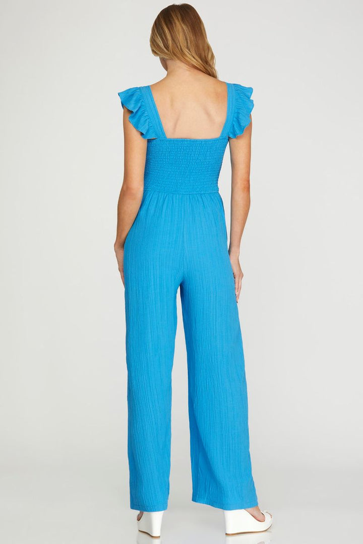 DIVA BLUE RUFFLE SLEEVES SMOCKED WOVEN JUMPSUIT SKSY6494