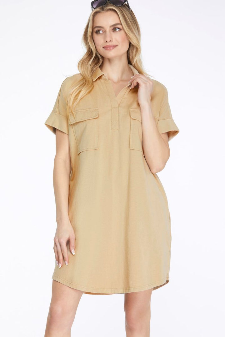 TAUPE COLLARED WASHED KNIT W/ POCKETS MINI DRESS SKSY6347