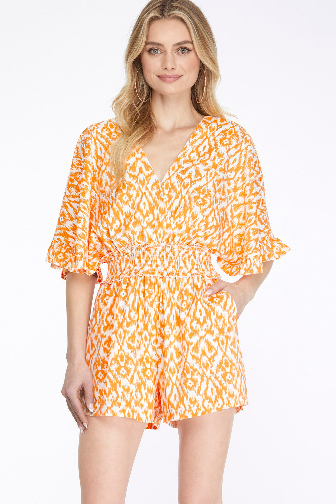 KIMONO SLEEVE WAIST SMOCKED PRINT V NECK ROMPER