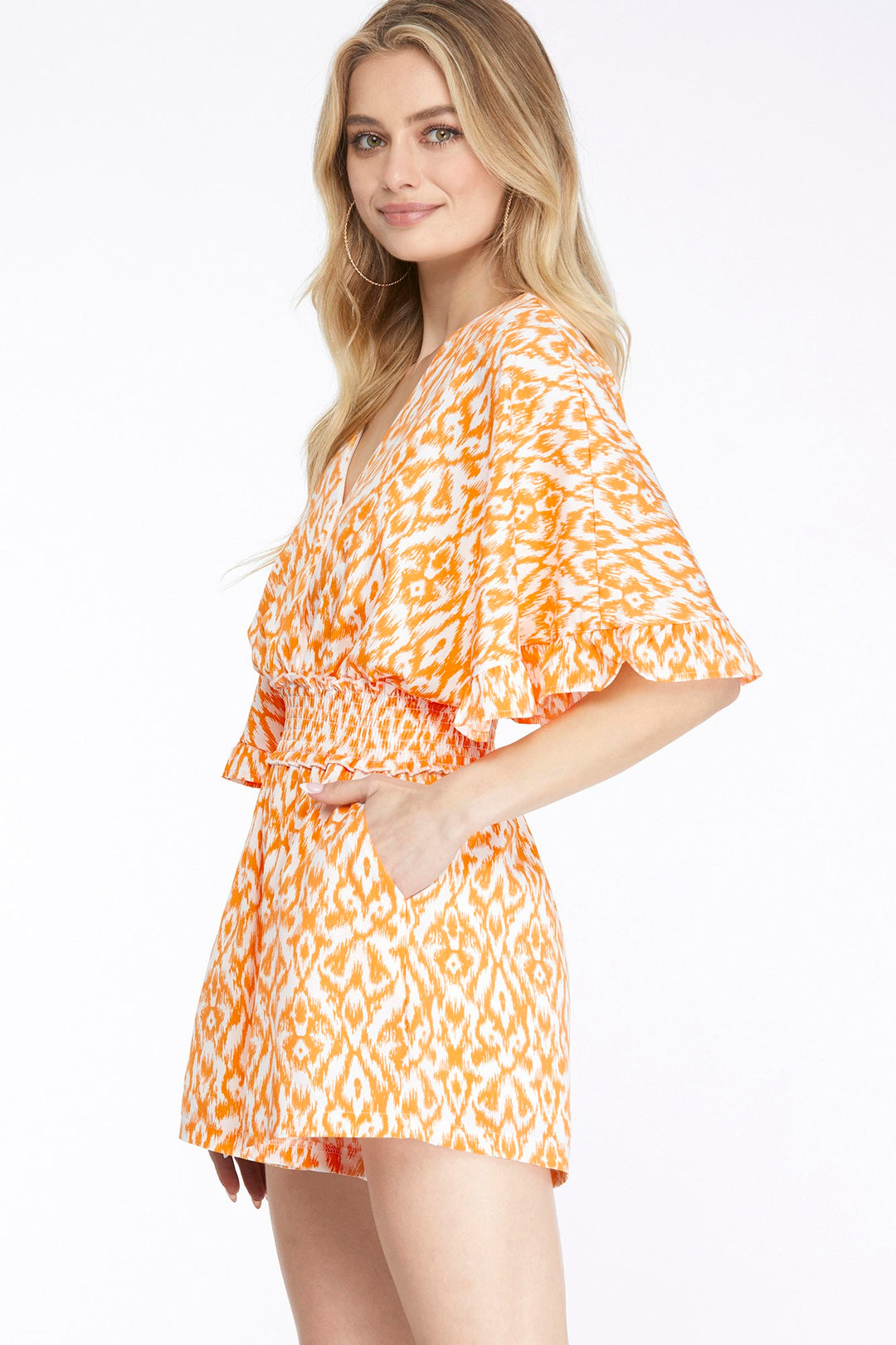 KIMONO SLEEVE WAIST SMOCKED PRINT V NECK ROMPER