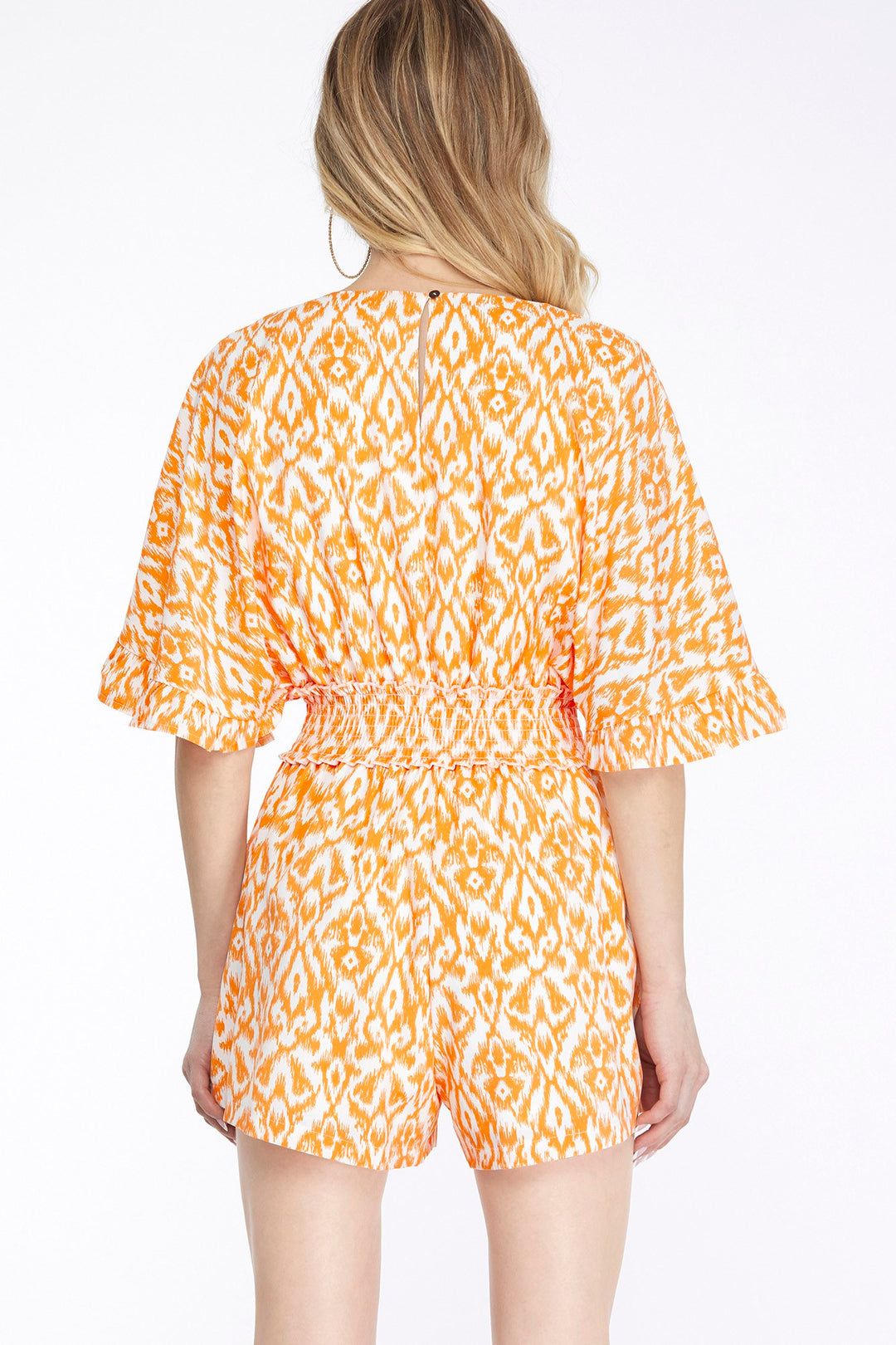 KIMONO SLEEVE WAIST SMOCKED PRINT V NECK ROMPER