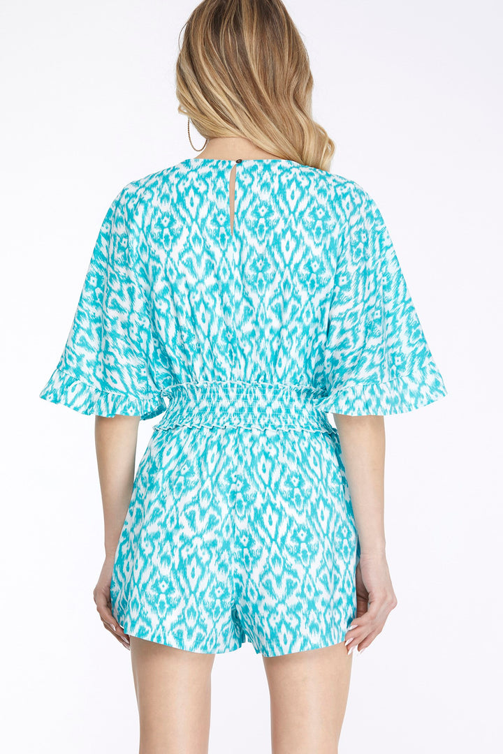 KIMONO SLEEVE WAIST SMOCKED PRINT V NECK ROMPER