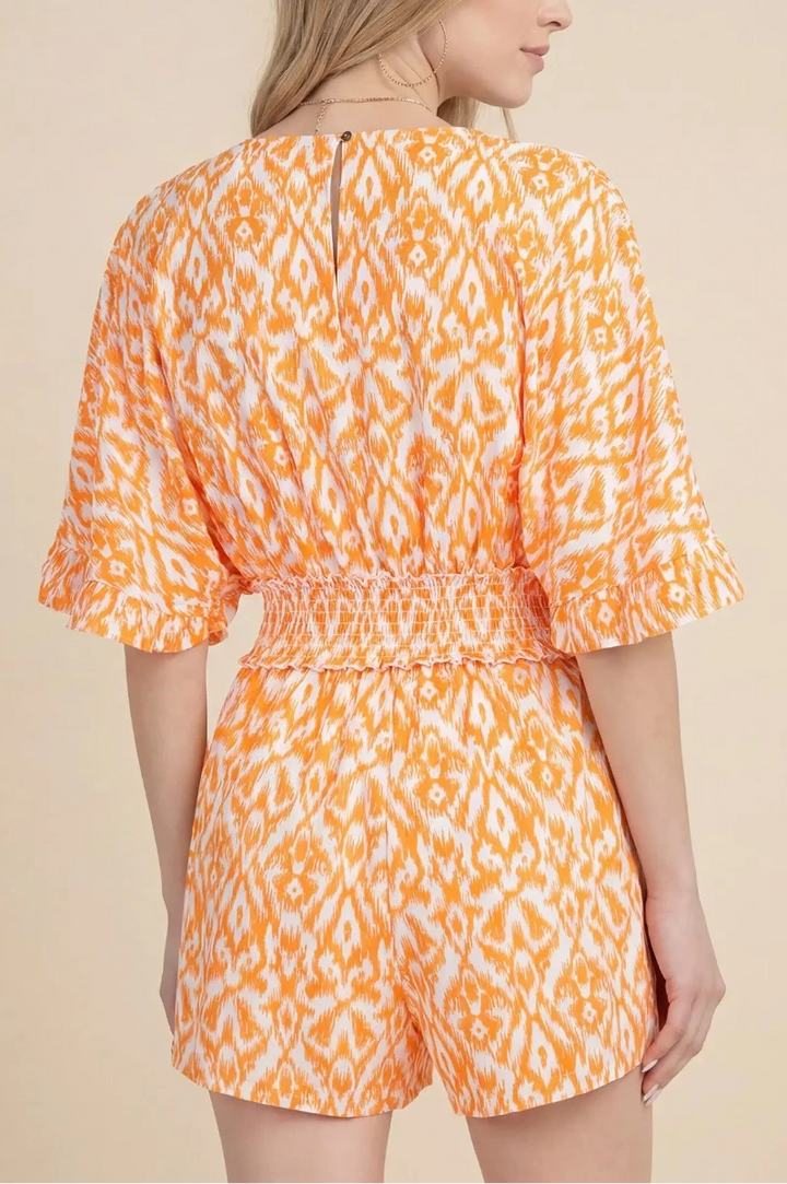 KIMONO SLEEVE WAIST SMOCKED PRINT V NECK ROMPER SKSY6484*