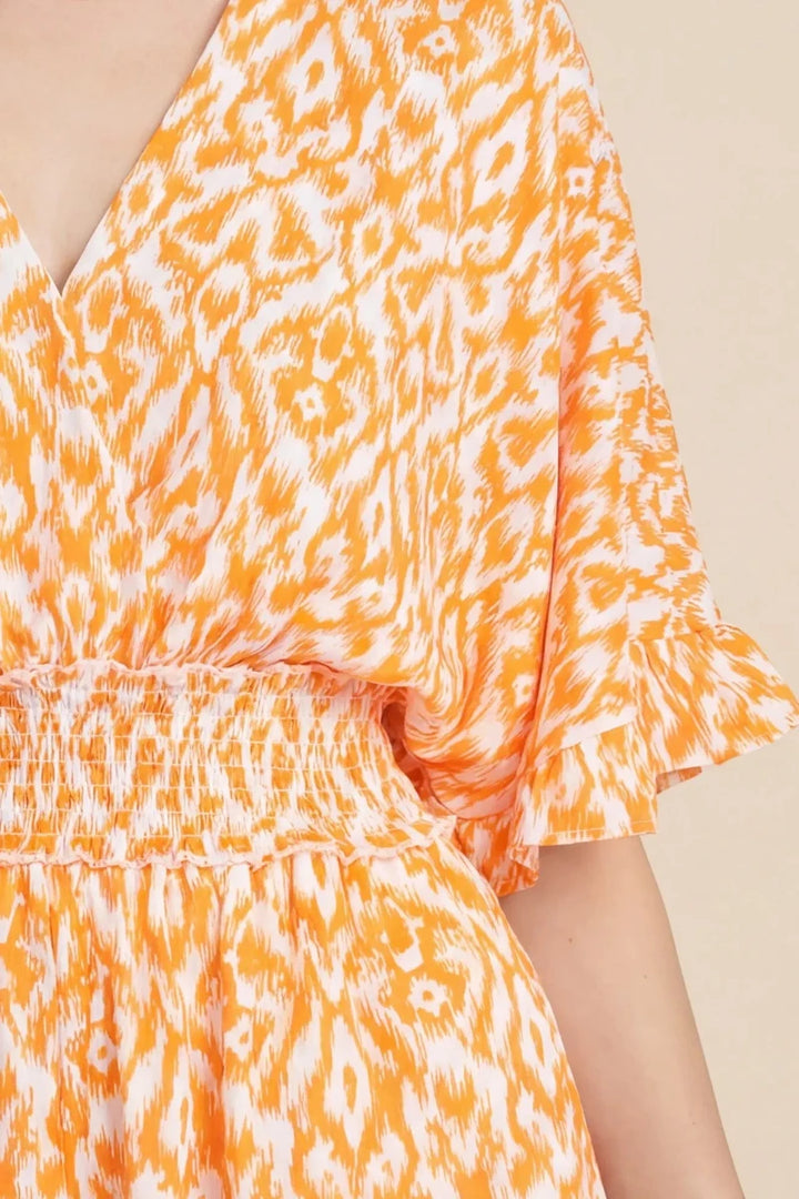 KIMONO SLEEVE WAIST SMOCKED PRINT V NECK ROMPER SKSY6484*