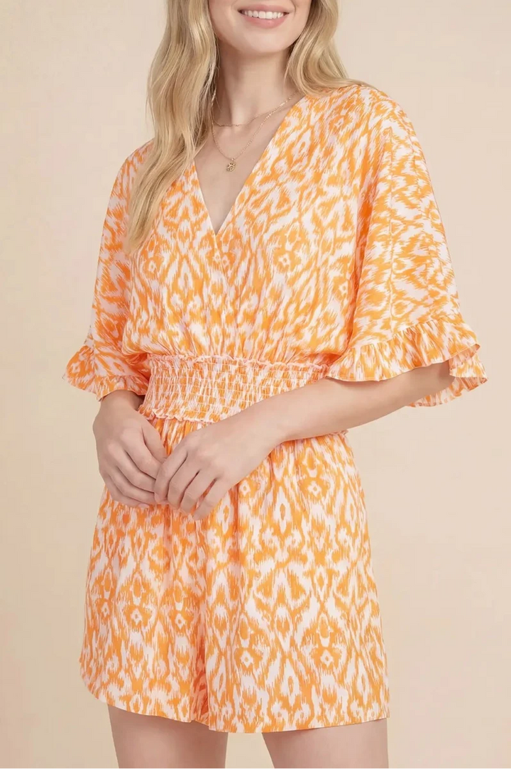 KIMONO SLEEVE WAIST SMOCKED PRINT V NECK ROMPER SKSY6484*