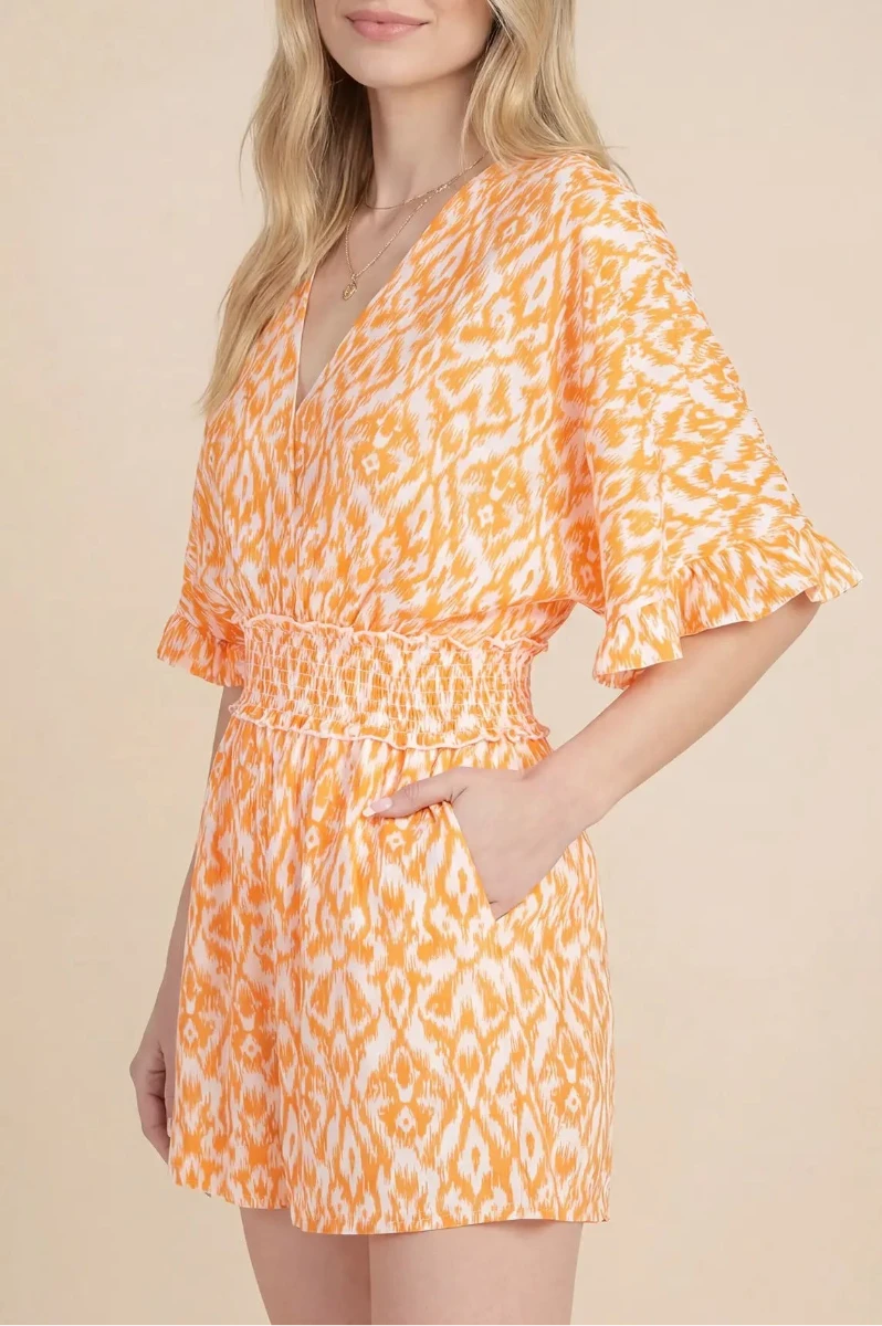 KIMONO SLEEVE WAIST SMOCKED PRINT V NECK ROMPER SKSY6484*