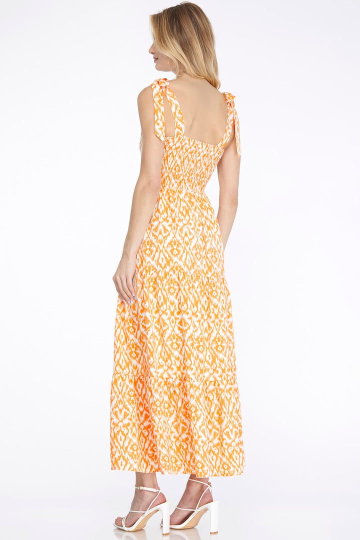 SMOCKED TIERED PRINT MAXI DRESS WITH SIDE POCKETS