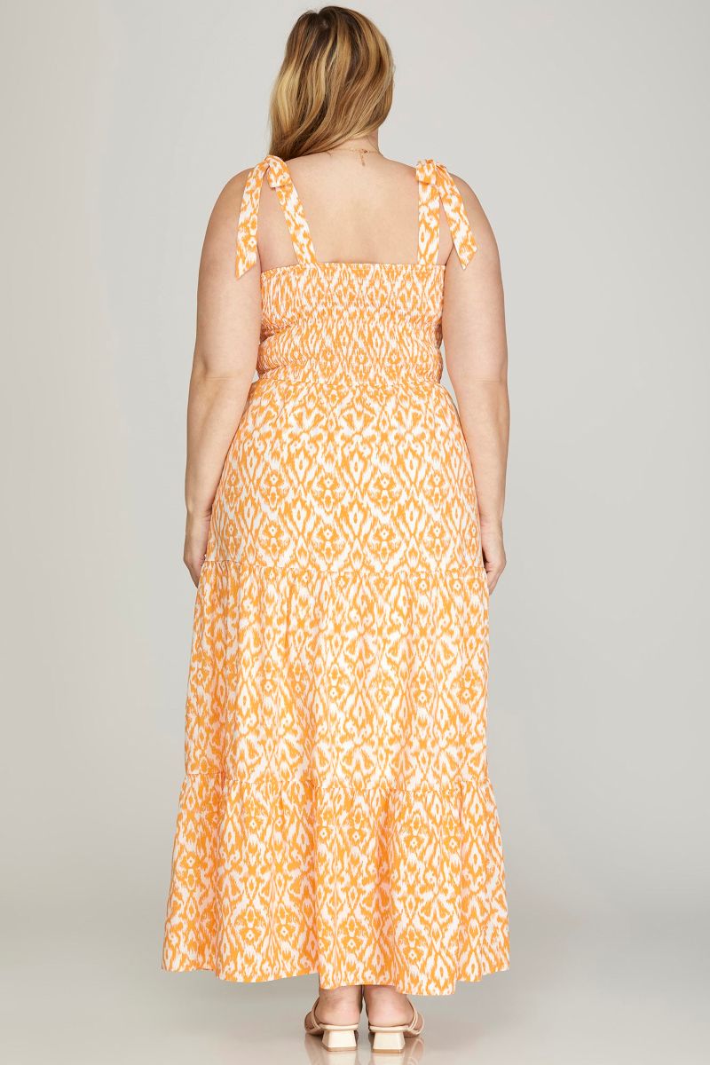 APRICOT BOWTIES SMOCKED TIERED W/ POCKETS PLUS SIZE MAXI DRESS SKPSY6483