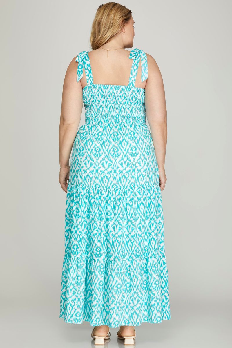 AQUA BOWTIES SMOCKED TIERED W/ POCKETS PLUS SIZE MAXI DRESS SKPSY6483
