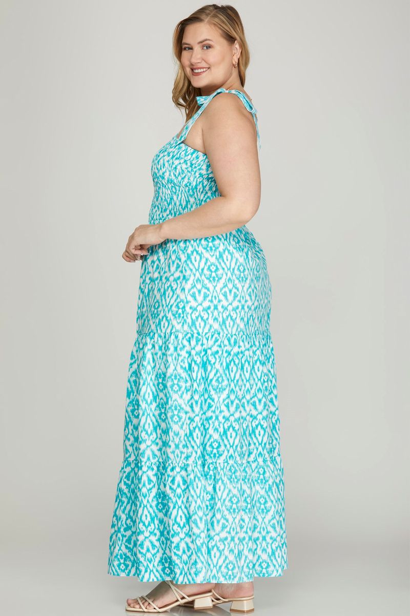 AQUA BOWTIES SMOCKED TIERED W/ POCKETS PLUS SIZE MAXI DRESS SKPSY6483