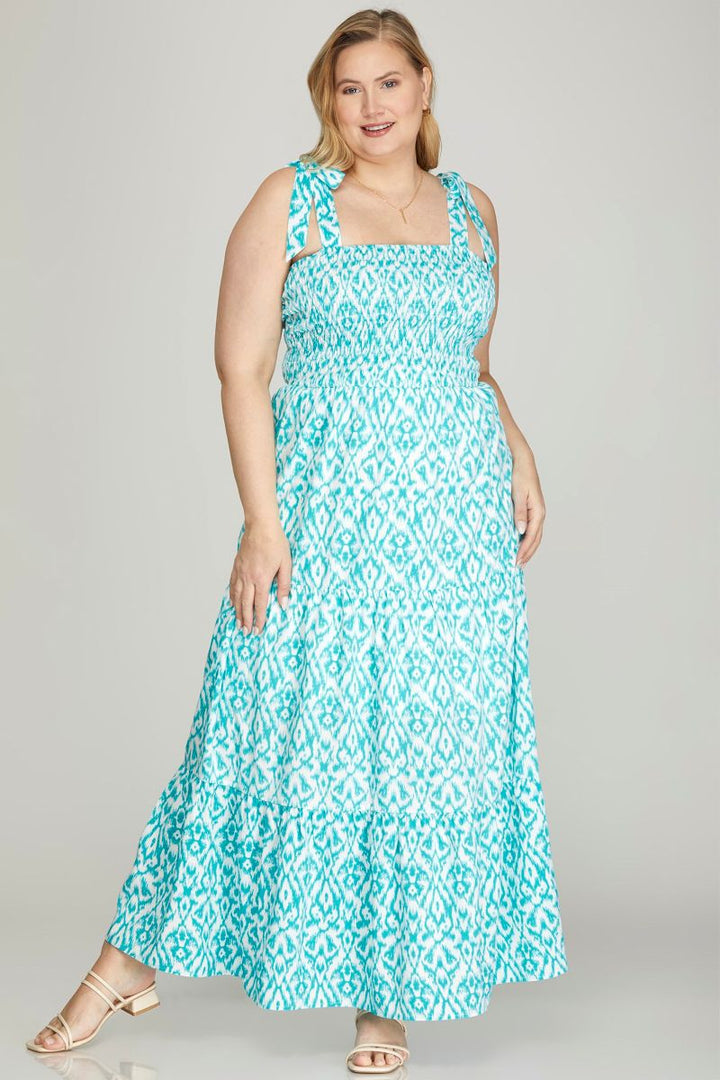 AQUA BOWTIES SMOCKED TIERED W/ POCKETS PLUS SIZE MAXI DRESS SKPSY6483