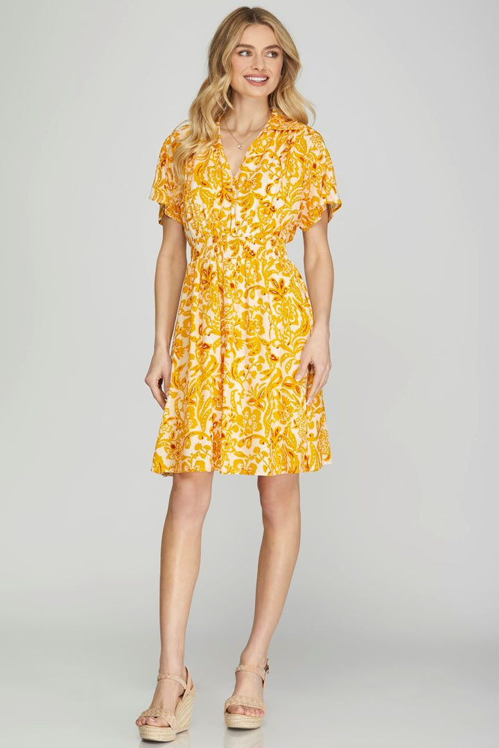 SUNFLOWER COLLARED DROP SHOULDER WOVEN MINI DRESS SKSY6552