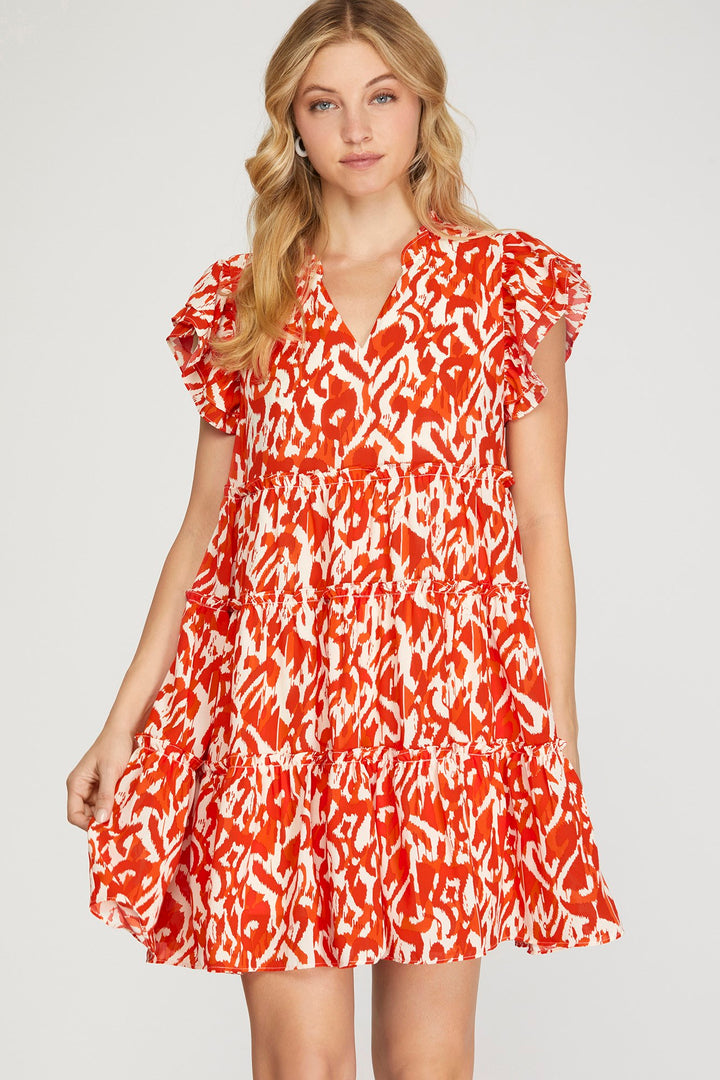 RUFFLE SLEEVE TIERED WOVEN PRINT V NECK DRESS
