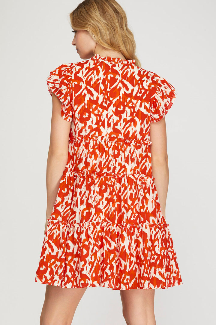 RUFFLE SLEEVE TIERED WOVEN PRINT V NECK DRESS