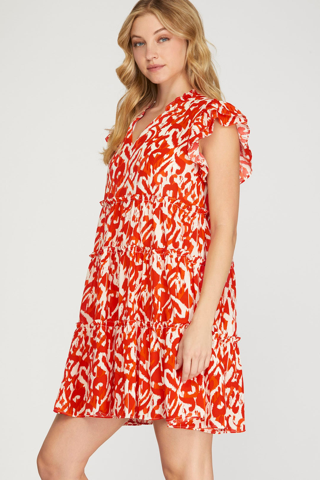 RUFFLE SLEEVE TIERED WOVEN PRINT V NECK DRESS
