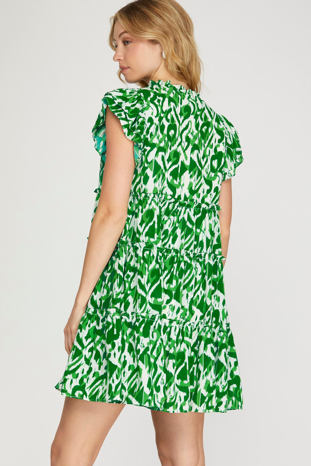 RUFFLE SLEEVE TIERED WOVEN PRINT V NECK DRESS