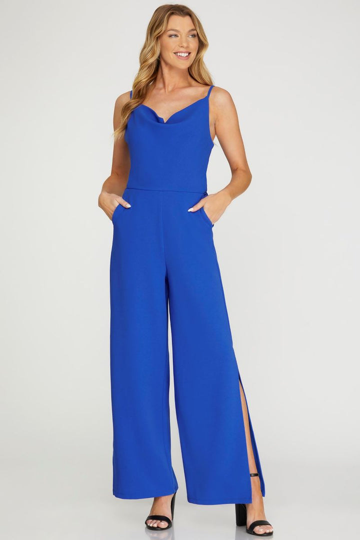ROYAL BLUE COWL NECK HEAVY KNIT WIDE LEG JUMPSUIT SKSY6639