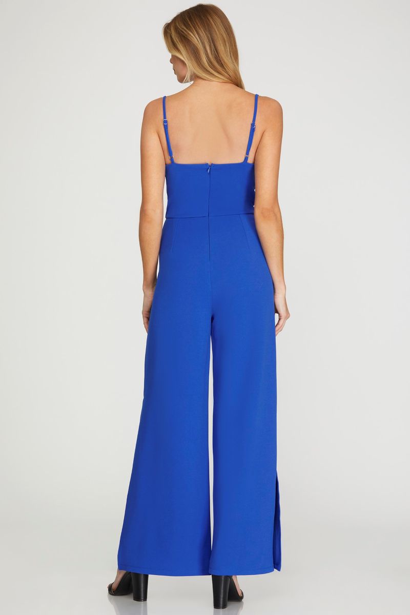 ROYAL BLUE COWL NECK HEAVY KNIT WIDE LEG JUMPSUIT SKSY6639