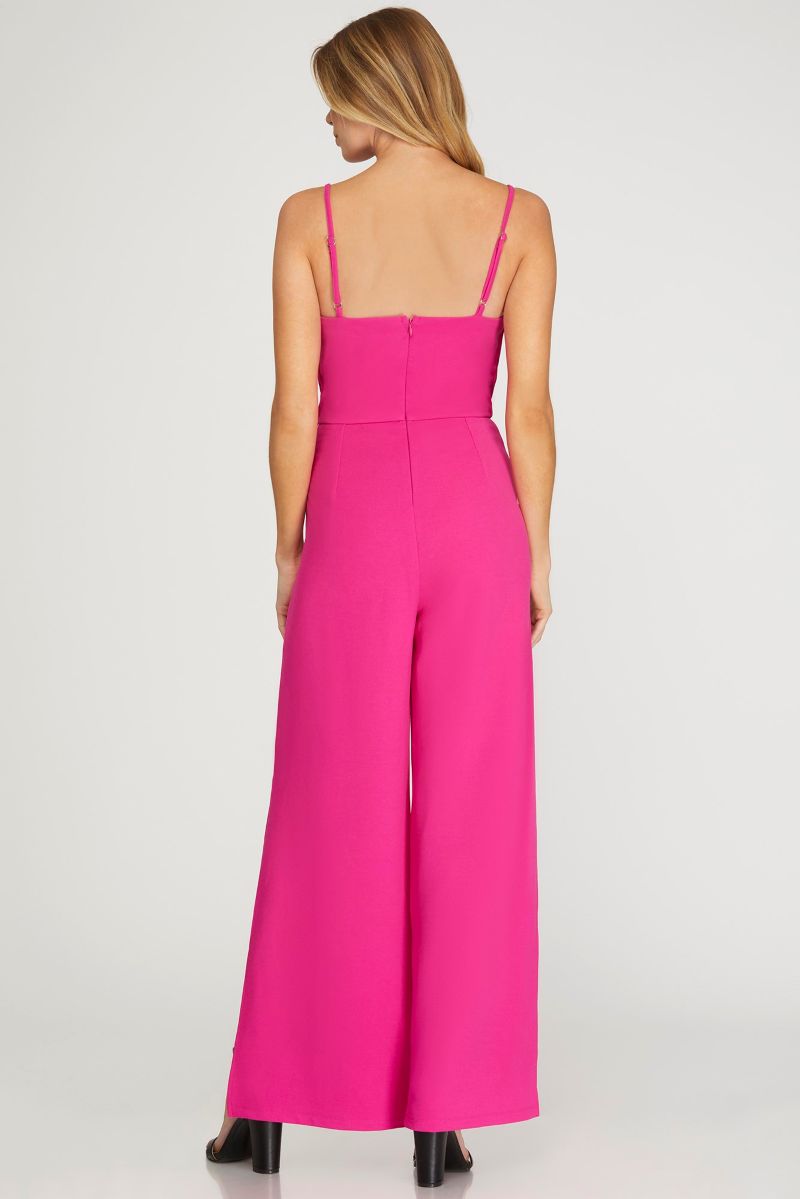HOT PINK COWL NECK HEAVY KNIT WIDE LEG JUMPSUIT SKSY6639