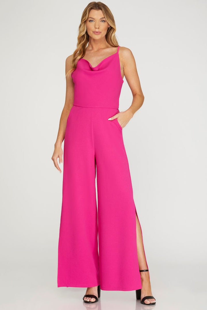 HOT PINK COWL NECK HEAVY KNIT WIDE LEG JUMPSUIT SKSY6639