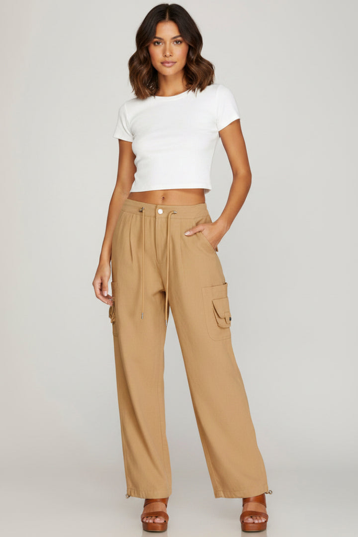 WIDE LEG FRONT TIE WOVEN CARGO PANTS WITH SIDE FLAP POCKETS