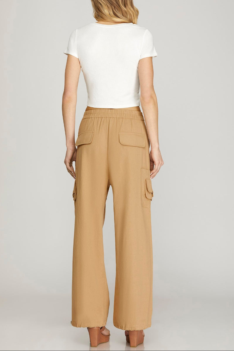WIDE LEG FRONT TIE WOVEN CARGO PANTS WITH SIDE FLAP POCKETS