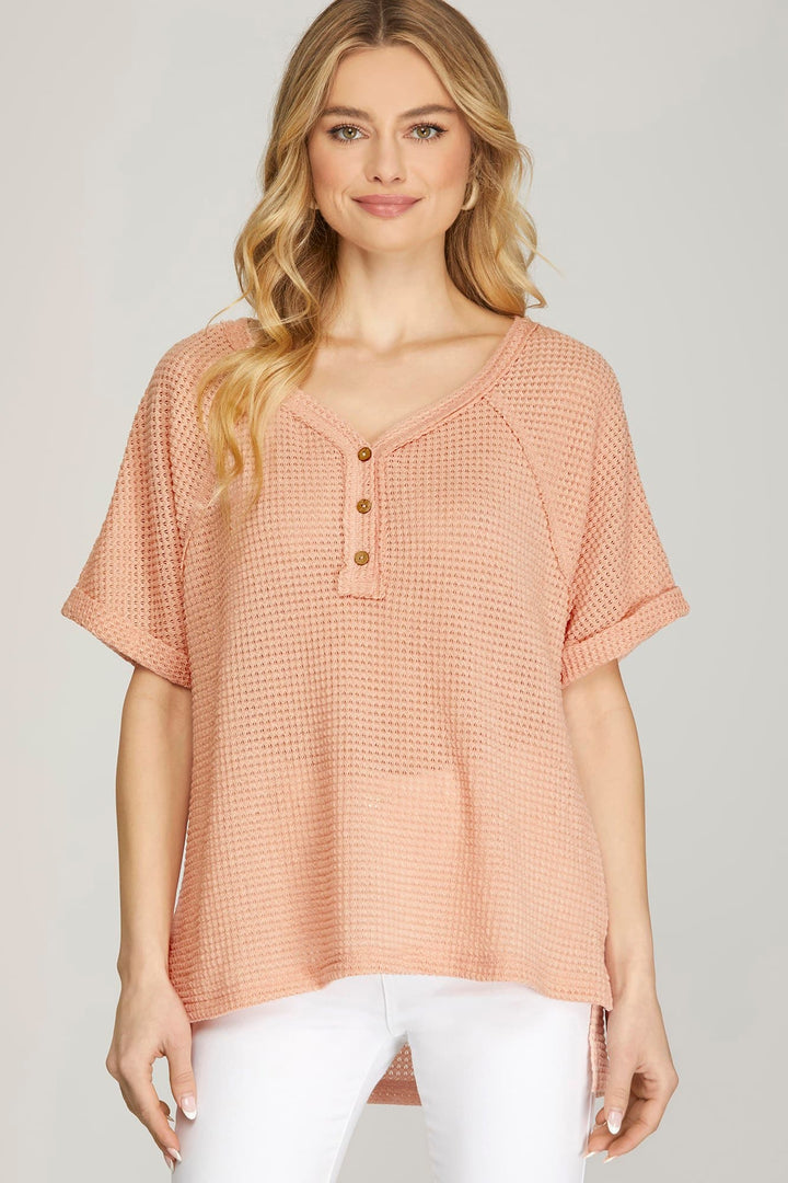 SHORT SLEEVE THERMAL OVERSIZE V NECK TOP