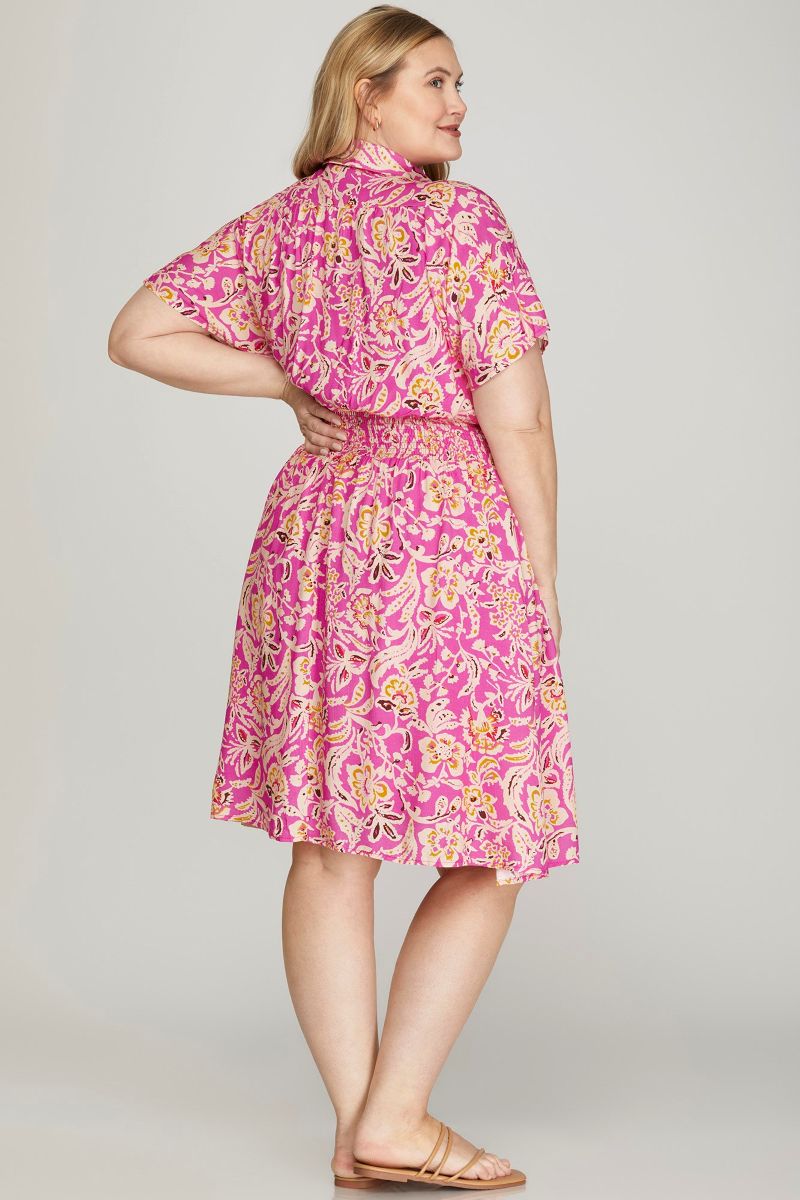 HOT PINK COLLARED DROP SHOULDER WOVEN PLUS SIZE MINI DRESS SKPSY6552