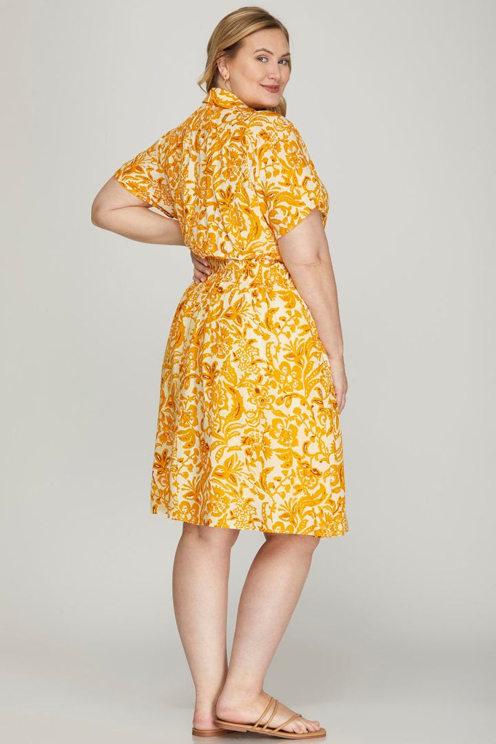 SUNFLOWER COLLARED DROP SHOULDER WOVEN PLUS SIZE MINI DRESS SKPSY6552