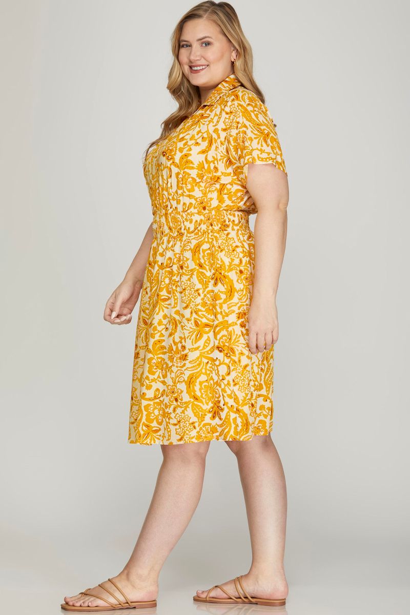 SUNFLOWER COLLARED DROP SHOULDER WOVEN PLUS SIZE MINI DRESS SKPSY6552