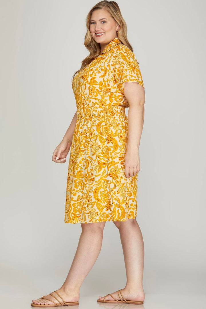 SUNFLOWER COLLARED DROP SHOULDER WOVEN PLUS SIZE MINI DRESS SKPSY6552