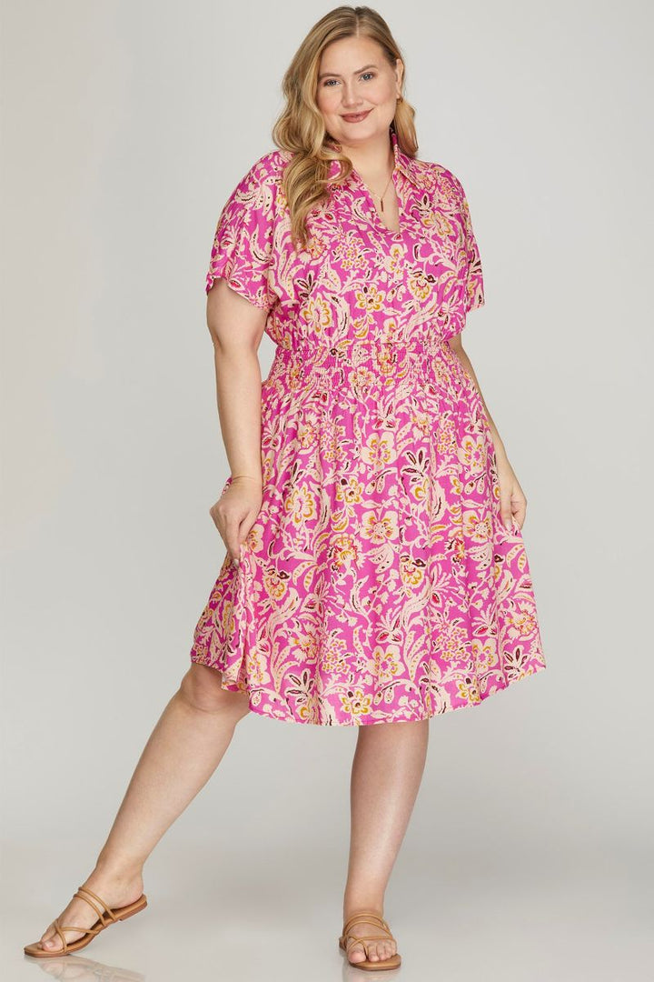 HOT PINK COLLARED DROP SHOULDER WOVEN PLUS SIZE MINI DRESS SKPSY6552