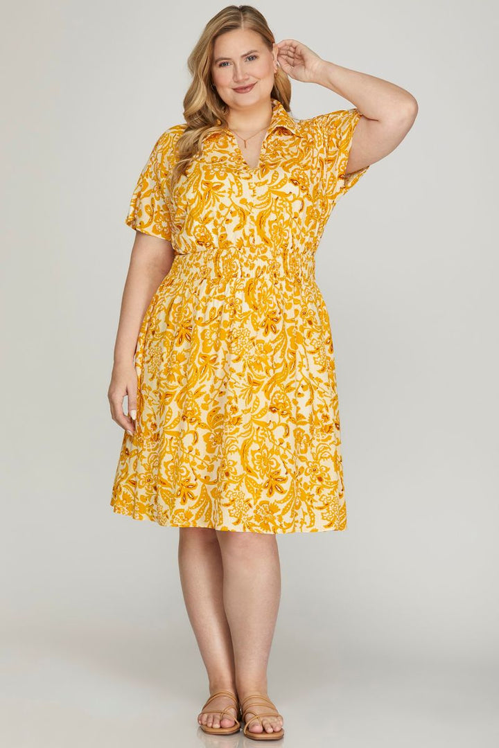 SUNFLOWER COLLARED DROP SHOULDER WOVEN PLUS SIZE MINI DRESS SKPSY6552