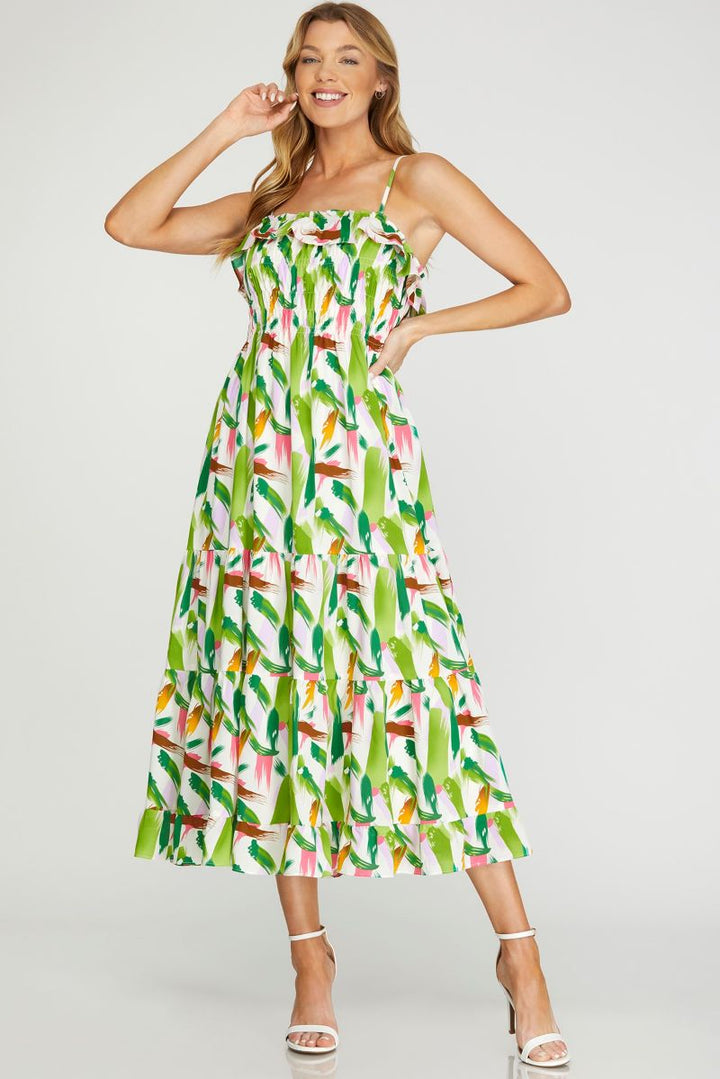 GREEN RUFFLED TIERED TUBE WOVEN MIDI DRESS SKSY6642