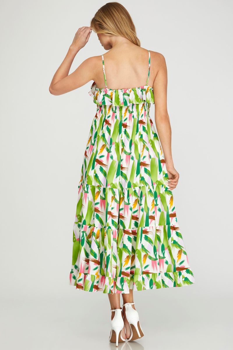 GREEN RUFFLED TIERED TUBE WOVEN MIDI DRESS SKSY6642