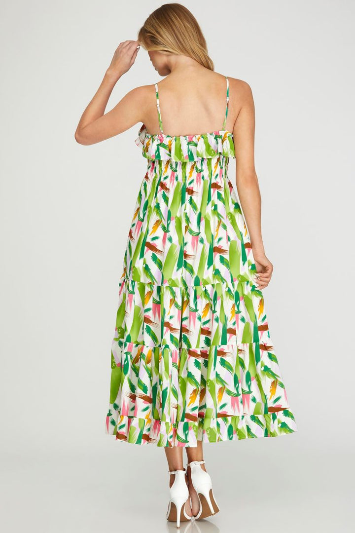 GREEN RUFFLED TIERED TUBE WOVEN MIDI DRESS SKSY6642