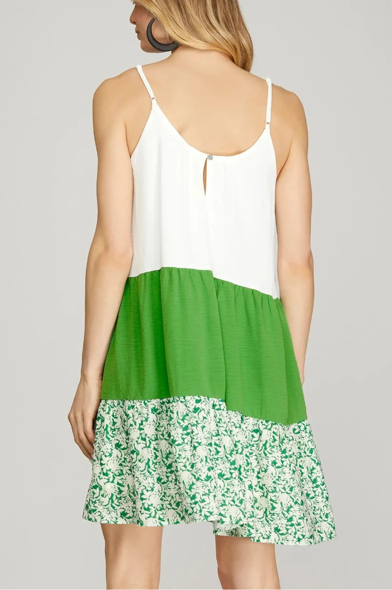 TIERED STRAP COLOR BLOCK WOVEN MINI DRESS